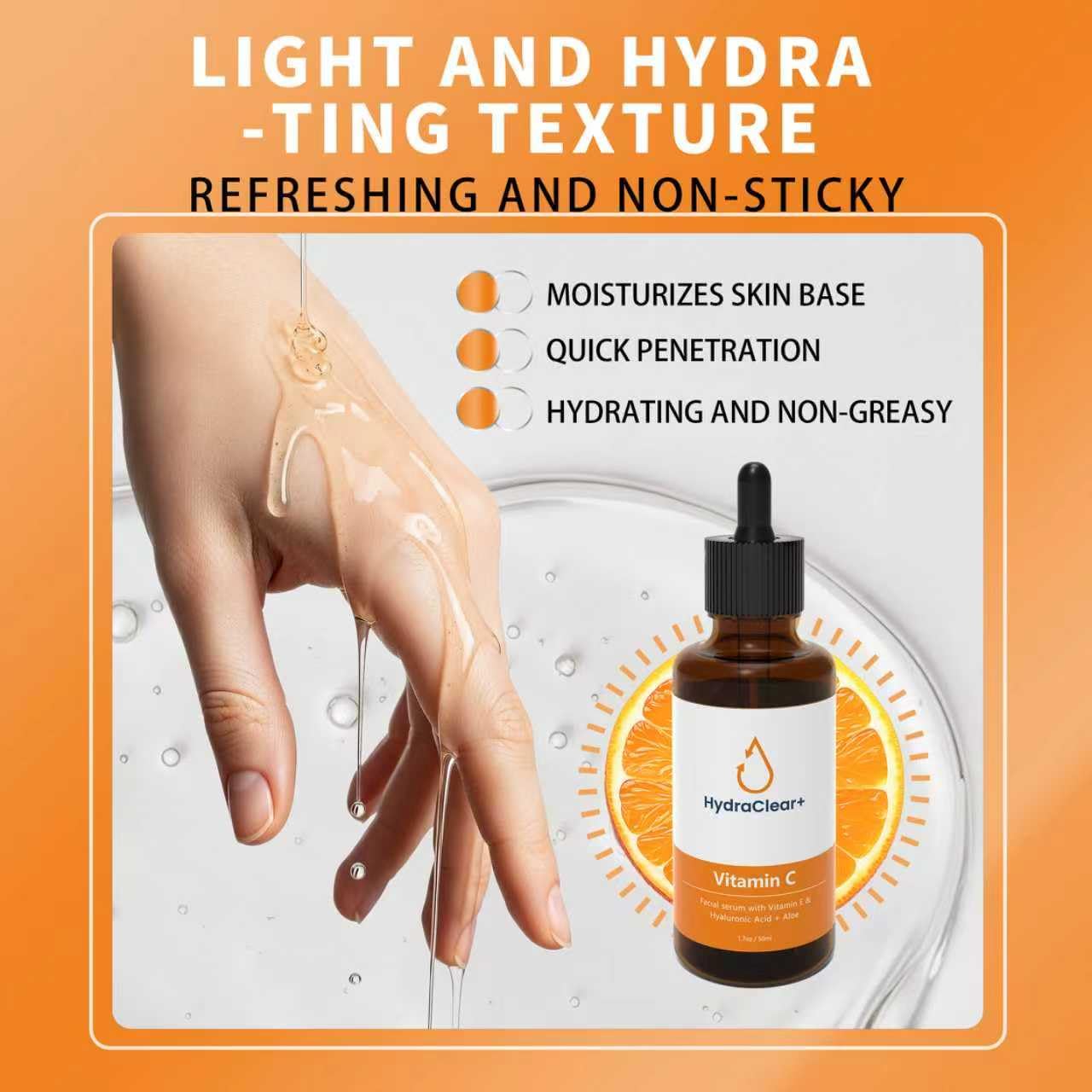 HydraClear+ Vitamin C Serum for Face with Hyaluronic Acid, Peptides & Vitamin E, Anti-Aging Serum with Brightening for Dark Spots & Dull Skin-Wrinkles with Aloe Vera for All Types of Skin, 1.7oz(50ml)